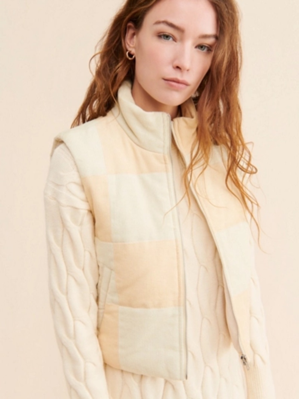 Le Lis Patchwork Checkerboard Corduroy Puffer Vest in Cream &‎ Tan Size Small